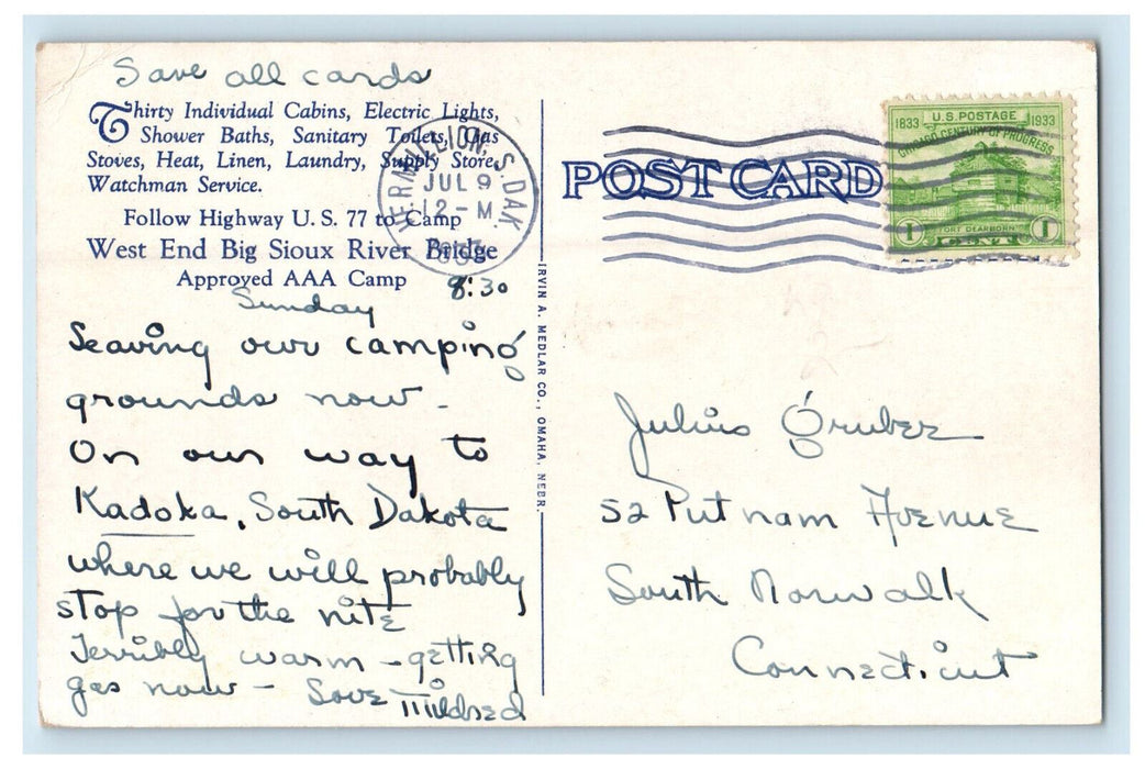 1933 Big Sioux River Tourist Park, Sioux City Iowa IA Posted Postcard