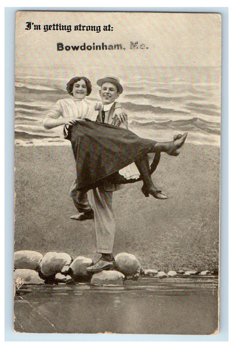 1915 Couple Scene, I'm Getting Strong at Bowdoinham Maine ME Postcard