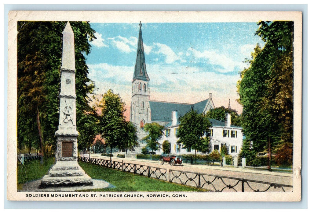 1921 Soldier's Monument and St. Patricks Church, Norwich CT Postcard