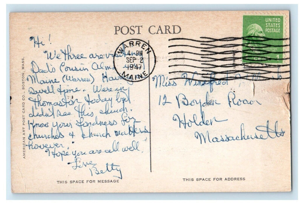 1947 Thomaston ME, Old Church On The Mill Bell Was Cast By Paul Revere Postcard