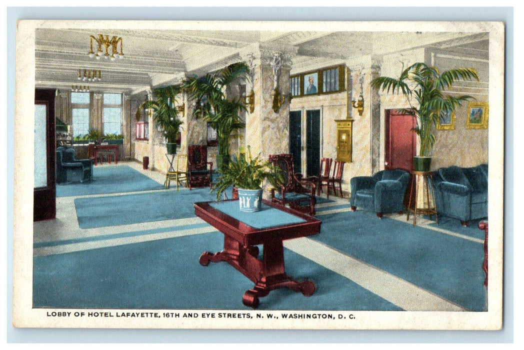 c1920s Lobby of Hotel Lafayette 16th and Eye Sts. NW Washington DC Postcard