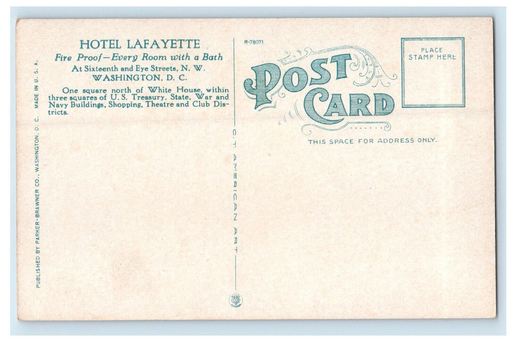 c1920s Lobby of Hotel Lafayette 16th and Eye Sts. NW Washington DC Postcard