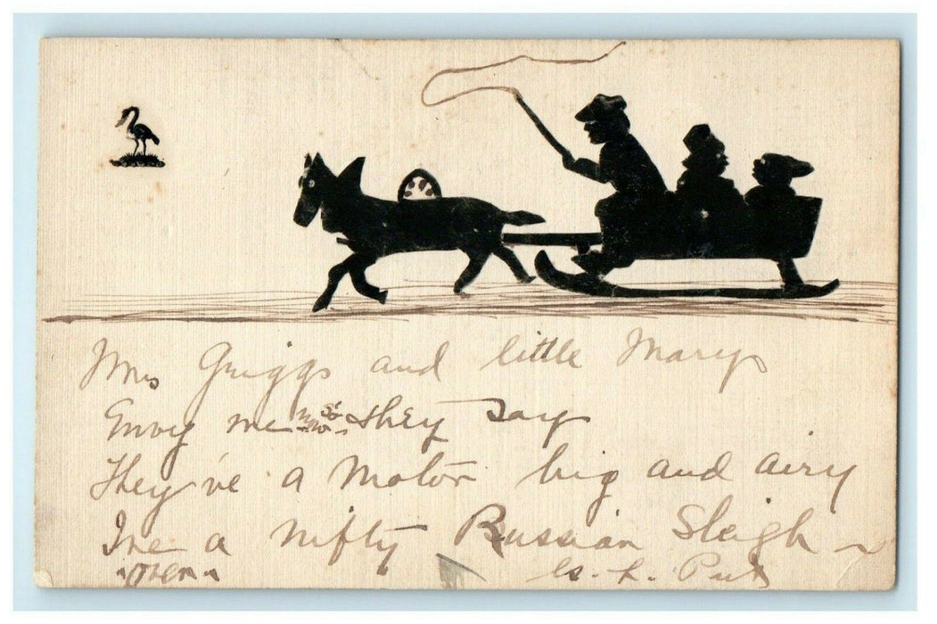 c1905 Russian Sleigh Hand Cut Drawn New Year Silhouette Handmade Postcard