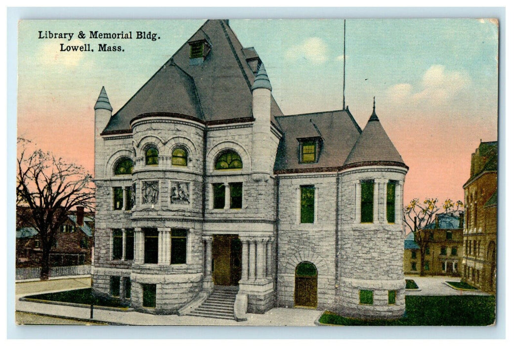 1918 Library & Memorial Building Lowell Massachusetts MA Antique Postcard