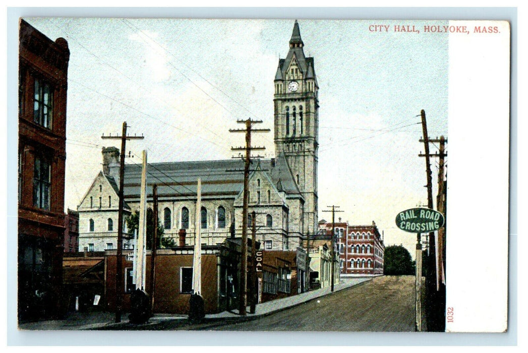 c1906 Railroad Crossing in City Hall, Holyoke, Massachusetts MA Antique Postcard