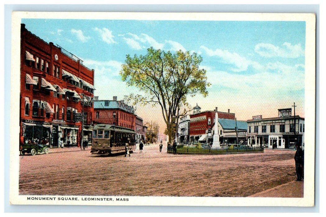 c1920's The View Of Monument Square Trolley Leominster Massachusetts MA Postcard