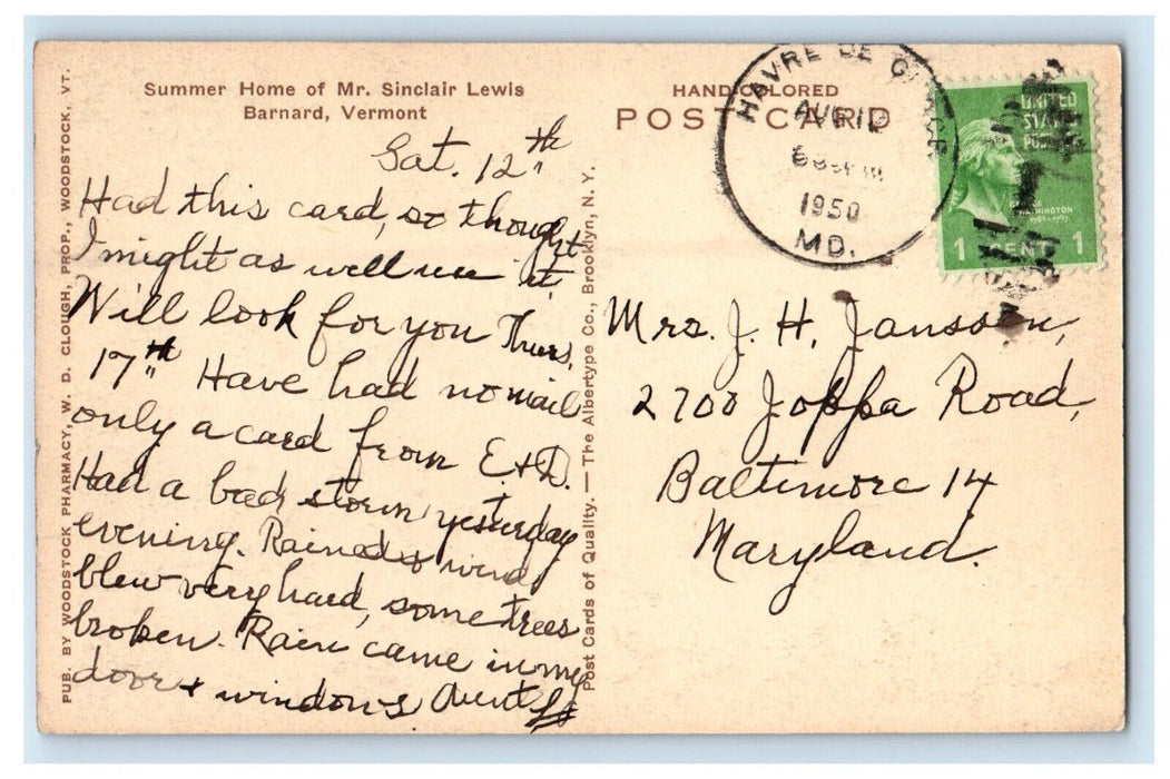 1950 Summer Home Of Mr. Sinclair Lewis Barnard Vermont VT Vintage Postcard