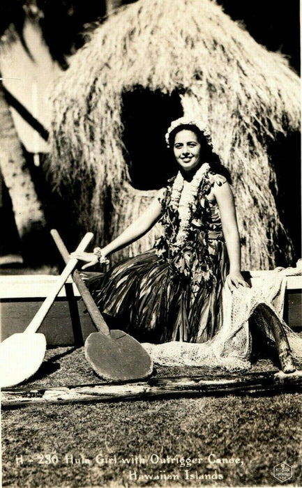 Hula Girl with Outrigger Canoe Hawaiian Islands RPPC Photo Vintage Postcard