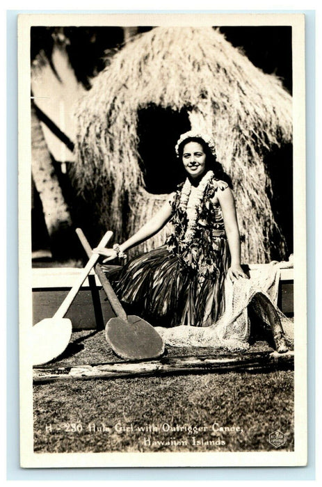 Hula Girl with Outrigger Canoe Hawaiian Islands RPPC Photo Vintage Postcard
