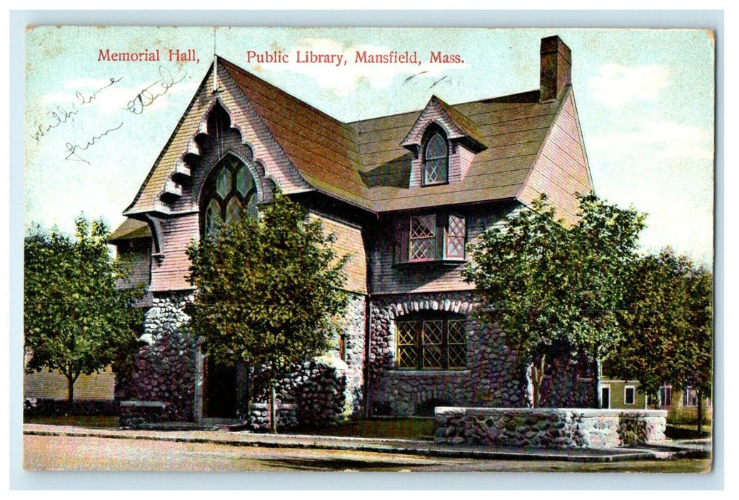 1909 Memorial Hall, Public Library, Mansfield, Massachusetts MA Postcard