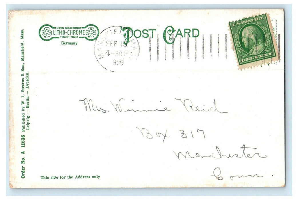 1909 Memorial Hall, Public Library, Mansfield, Massachusetts MA Postcard