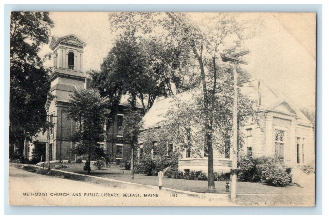 Methodist Church And Public Library Belfast Maine ME Unposted Vintage Postcard