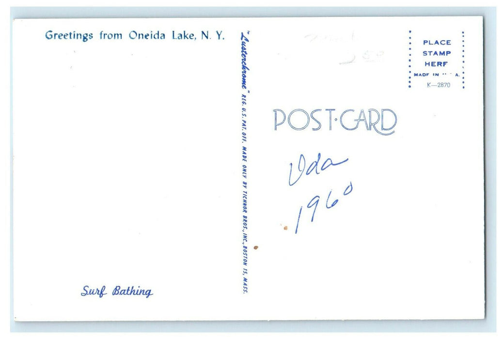 c1960's Greetings From Oneida New York NY Surf Bathing Postcard