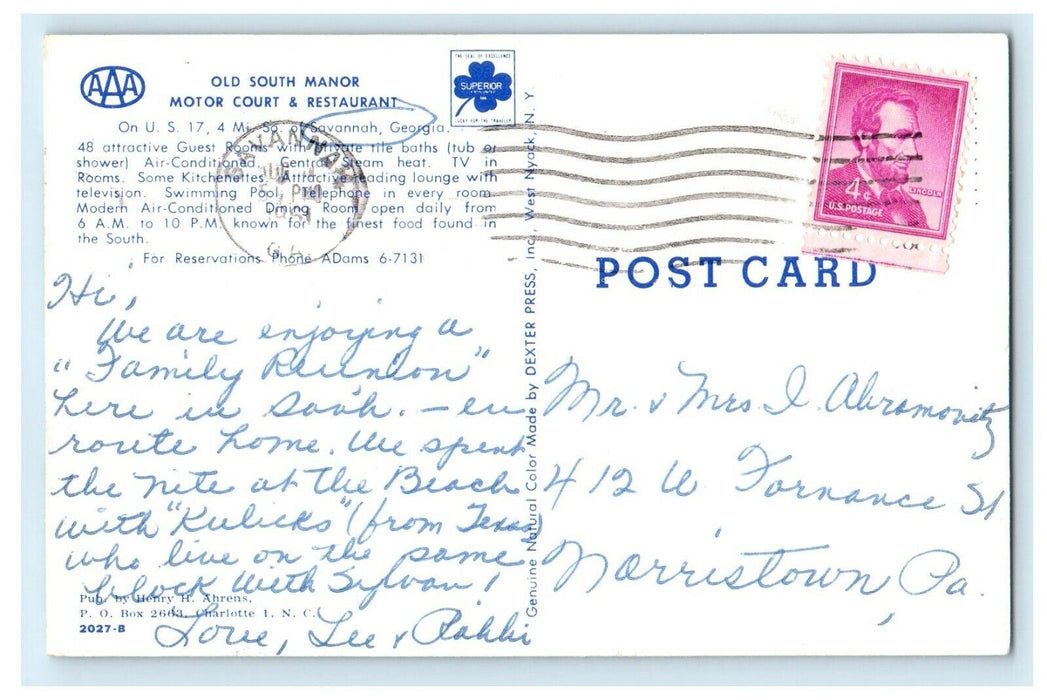 1961 Old South Manor Motor Court & Restaurant Savannah Georgia GA Postcard