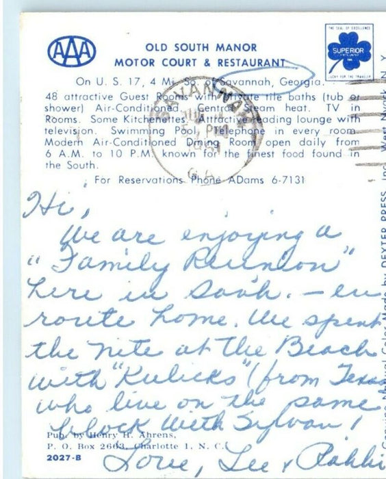 1961 Old South Manor Motor Court & Restaurant Savannah Georgia GA Postcard
