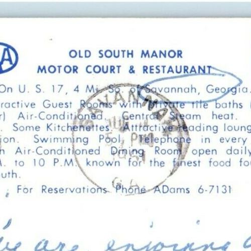 1961 Old South Manor Motor Court & Restaurant Savannah Georgia GA Postcard