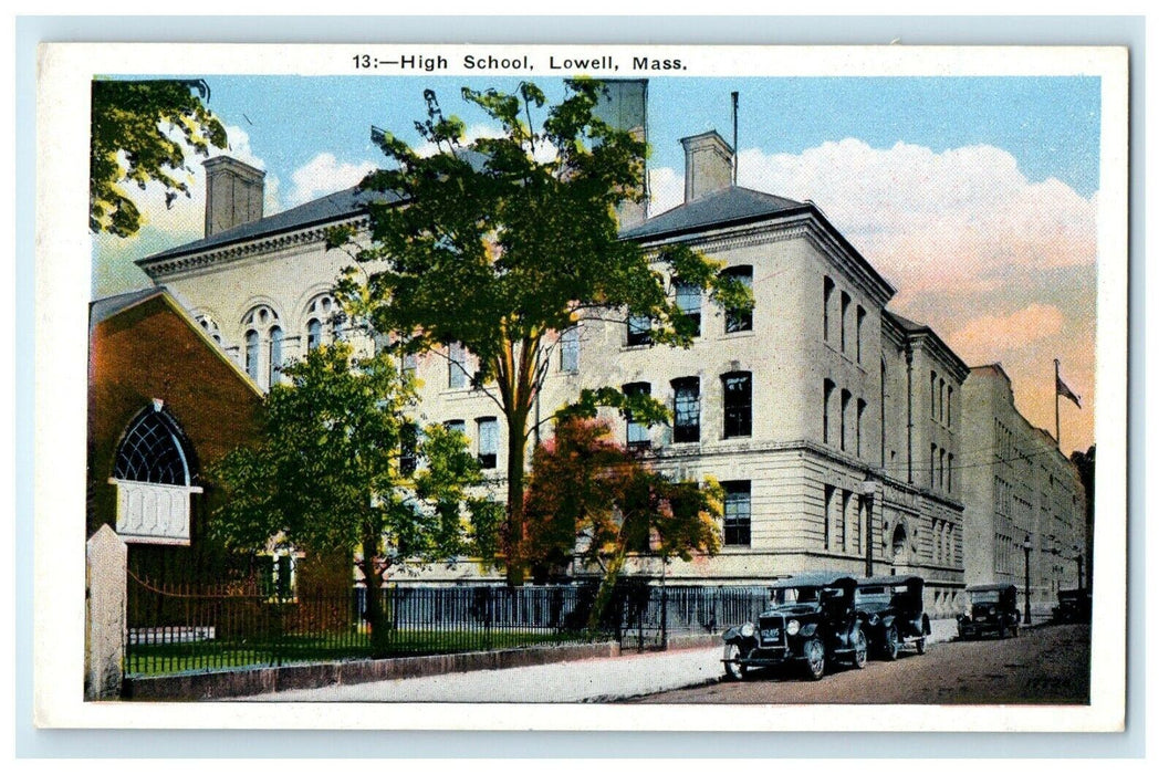 c1920's The High School Building Cars Lowell Massachusetts MA Antique Postcard