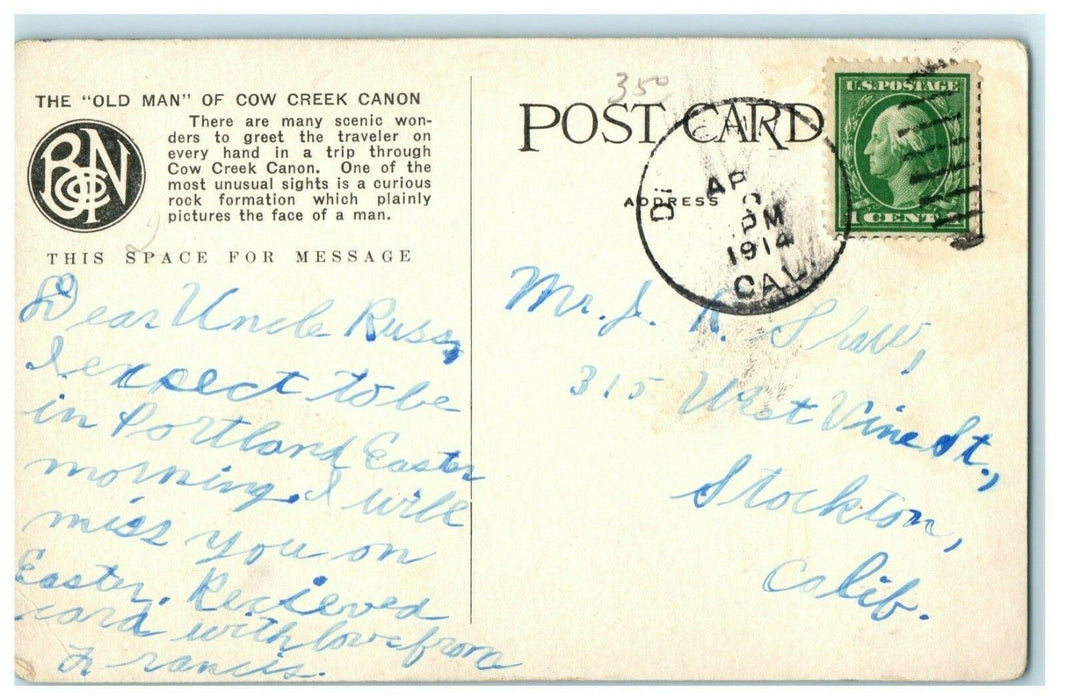 1914 Old Man of Cow Creek Canon S.P. Railroad Oregon OR Posted Antique Postcard