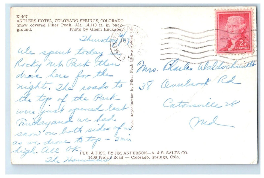 1957 Antlers Hotel Colorado Springs CO, Showed Covered Pikes Peak Postcard