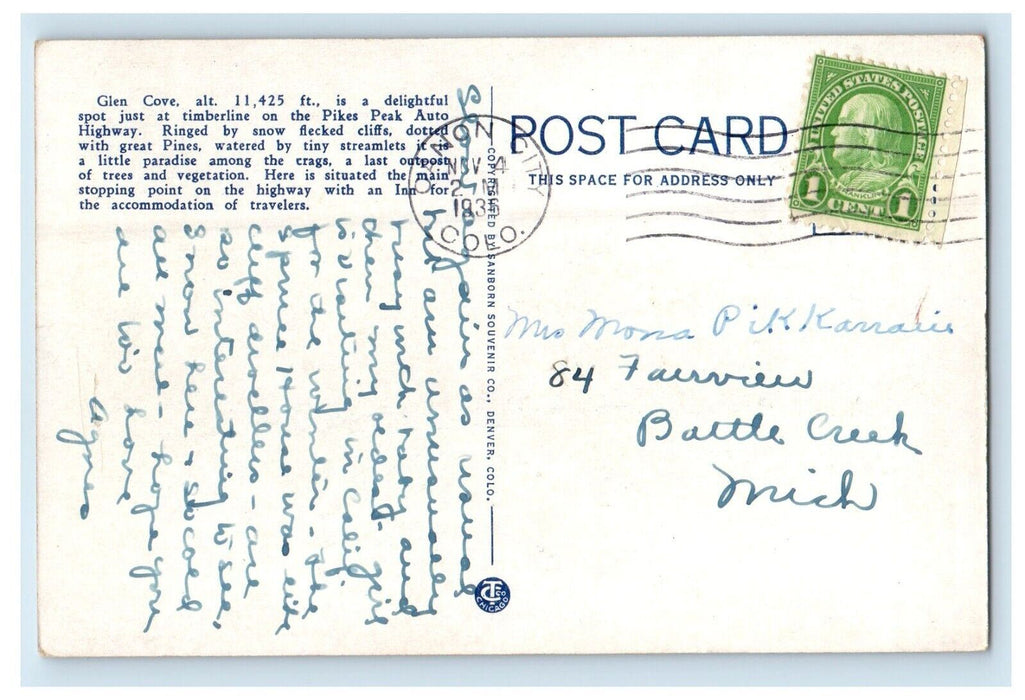 1935 Glenclove Inn The Pikes Peak Auto Highway Colorado Springs CO Postcard