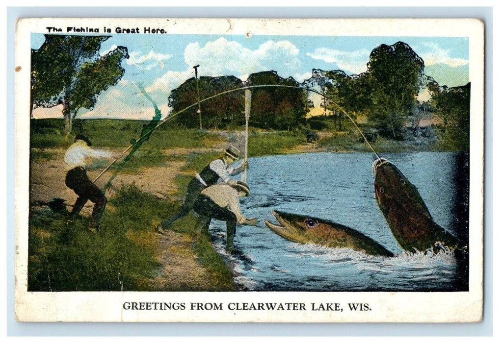 1931 Greetings From Clearwater Lake Wisconsin WI, Boys Catch Giant Fish Postcard