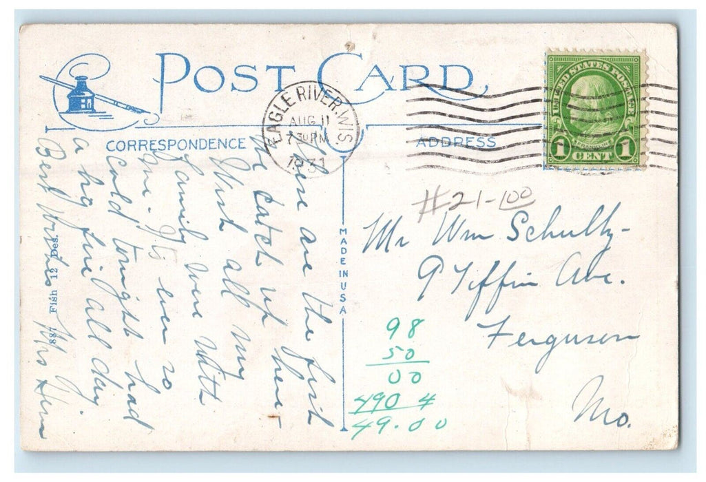 1931 Greetings From Clearwater Lake Wisconsin WI, Boys Catch Giant Fish Postcard