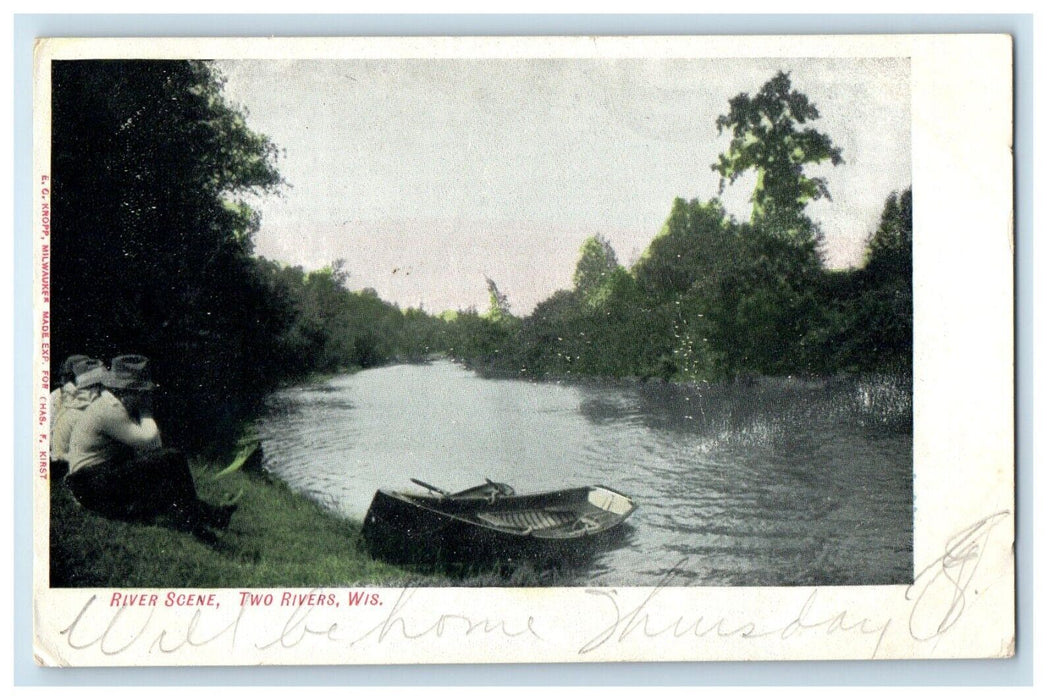 1907 River Scene, Two Rivers Boat Wisconsin WI Posted Antique Postcard