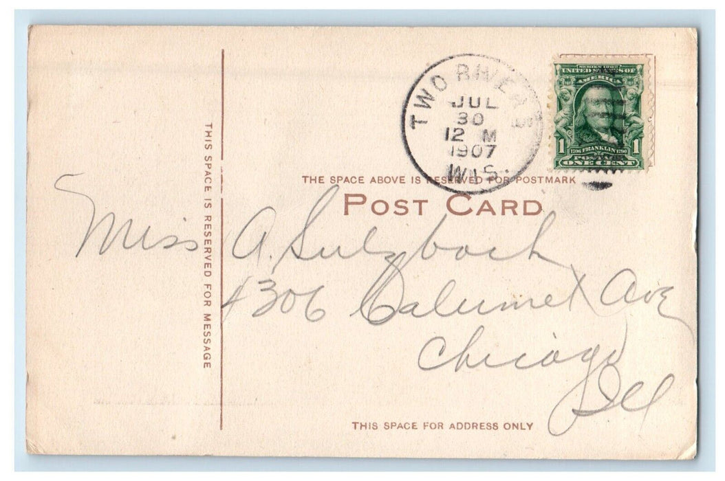 1907 River Scene, Two Rivers Boat Wisconsin WI Posted Antique Postcard
