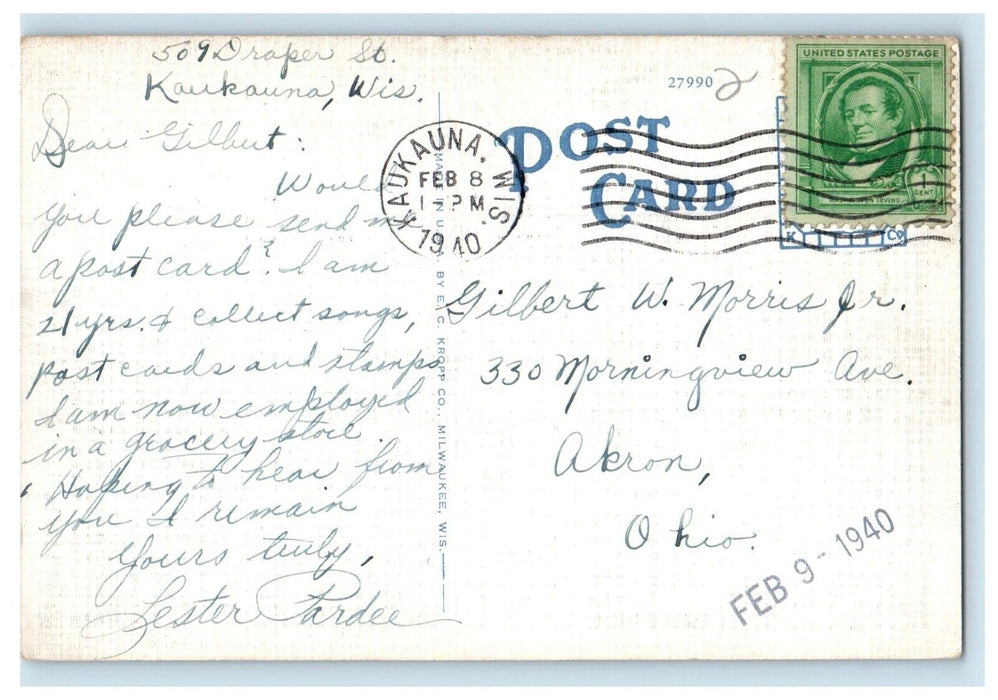 1940 High School Building Kaukauna Wisconsin WI Posted Vintage Postcard