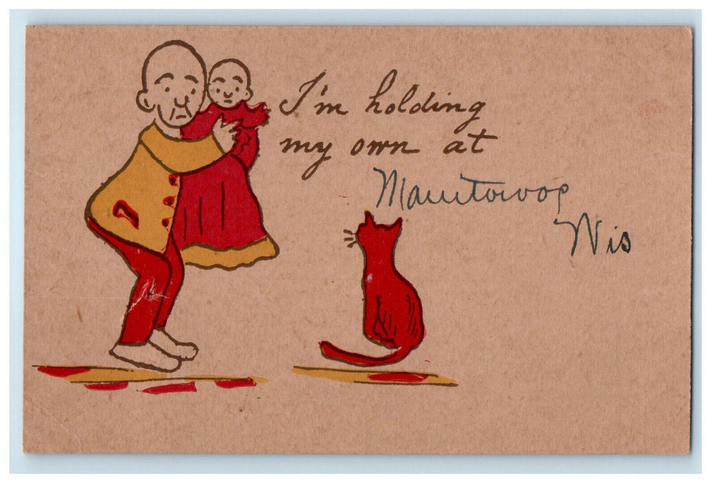 c1910 Cat, Holding a Baby Scene at Manitowoc Wisconsin WI Unposted Postcard