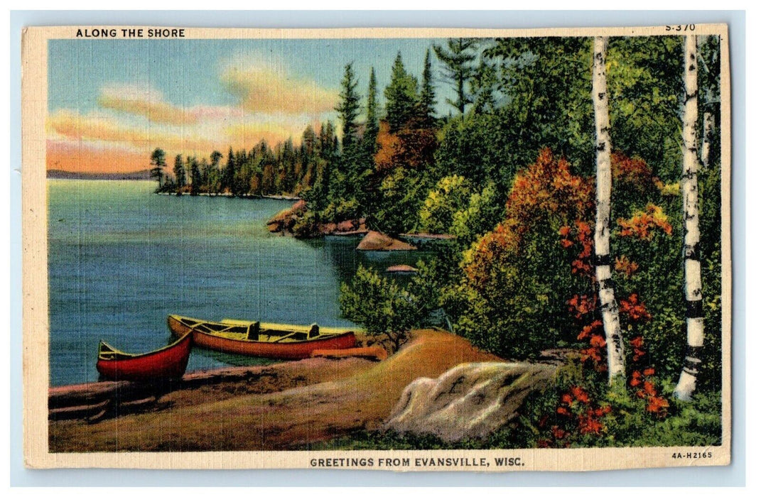 1943 Greetings From Evansville Wisconsin WI, Along The Shore Boat Postcard