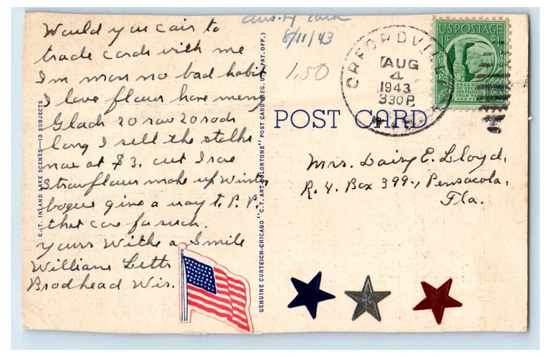 1943 Greetings From Evansville Wisconsin WI, Along The Shore Boat Postcard
