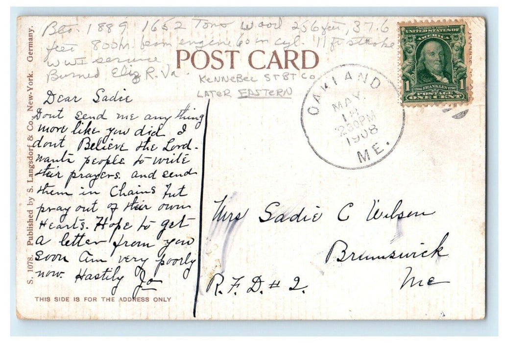 1908 Steamer Kennebec On The Kennebec River Gardiner Maine ME Oakland Postcard
