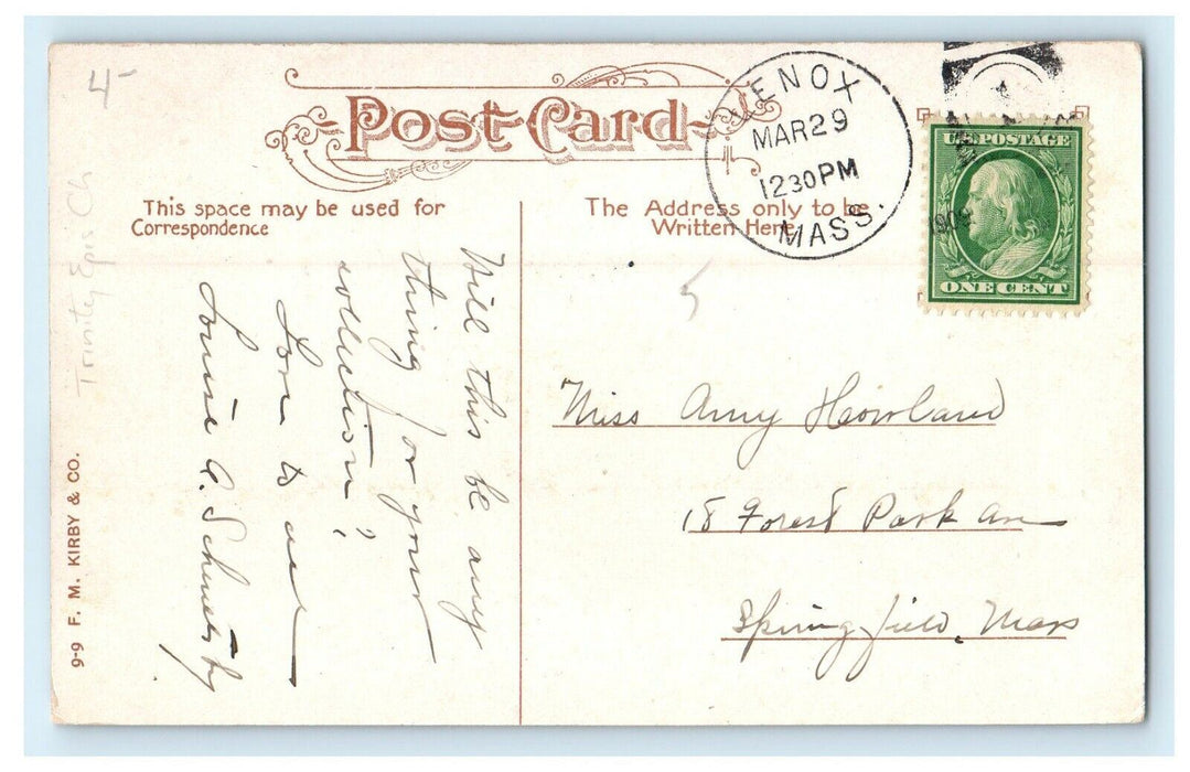 1909 Episcopal Church Street View Lenox Massachusetts MA Posted Antique Postcard