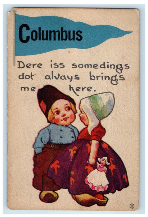 1913 Two Dutch Kids, Columbus Blue Pennant Ohio OH Posted Antique Postcard