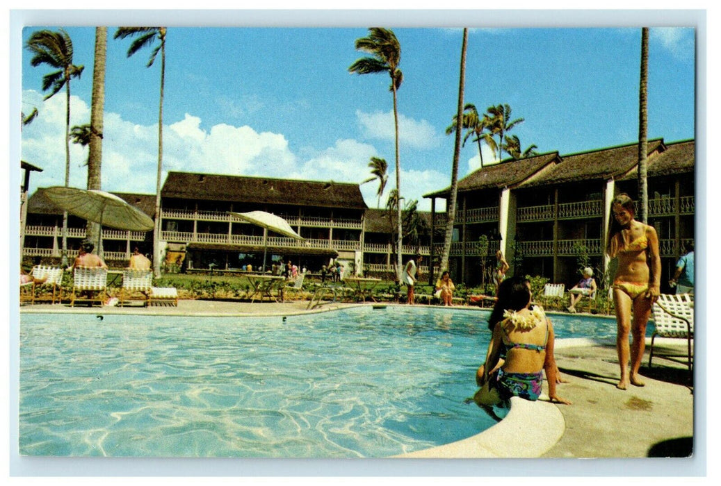 c1950's Islander Inns Swimming Pool Kauai Hawaii HI, Coconut Plantation Postcard