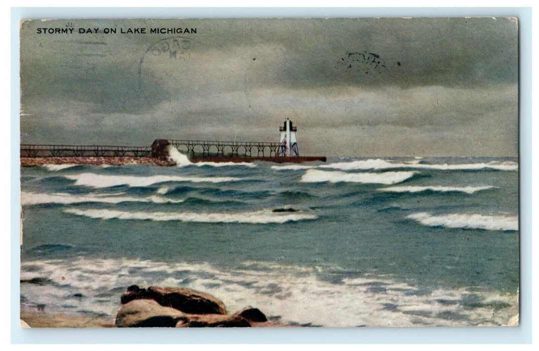 1912 Stormy Day on Lake Michigan Chicago Illinois IL Posted Antique Postcard