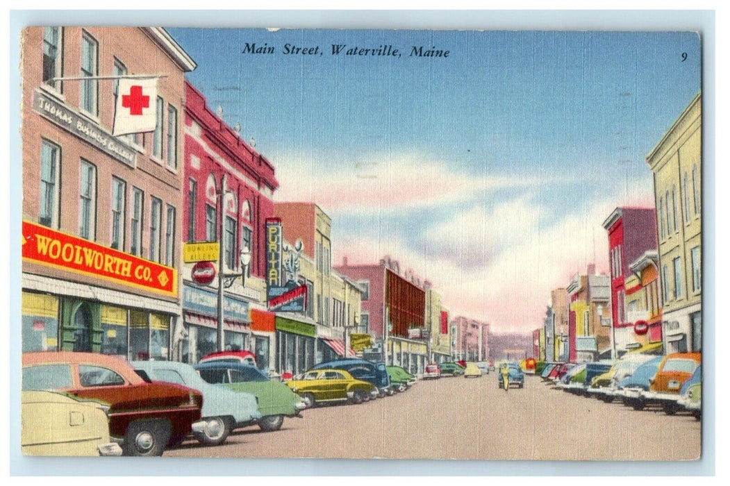 1959 Vintage Cars Parked in Main Street, Waterville, Maine ME Posted Postcard