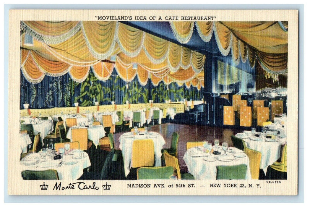 Monte Carlo Movielands Cafe Restaurant Madison Avenue New York NY Postcard