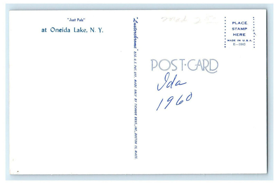 1960 Lil Kids With Dalmatian Dog Just Pals At Oneida Lake New York NY Postcard