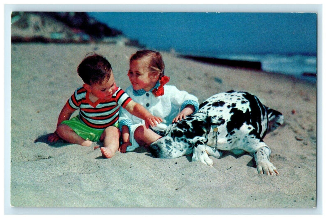 1960 Lil Kids With Dalmatian Dog Just Pals At Oneida Lake New York NY Postcard