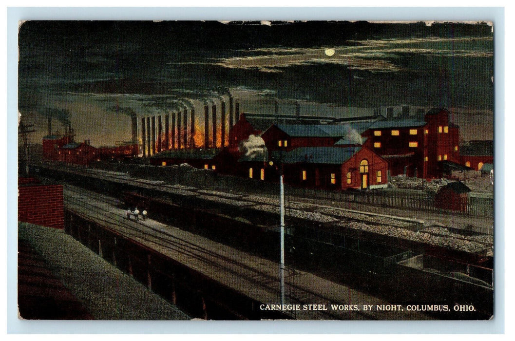 1917 Carnegie Steel Works By Night, Columbus Ohio OH Posted Postcard