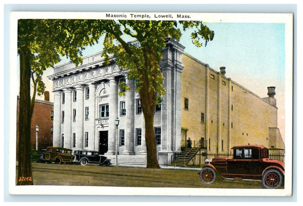 c1910 Masonic Temple Street Scene Cars Lowell Massachusetts MA Antique Postcard
