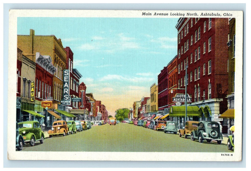 c1930s Main Avenue Looking North, Ashtabula Ohio OH Unposted Postcard