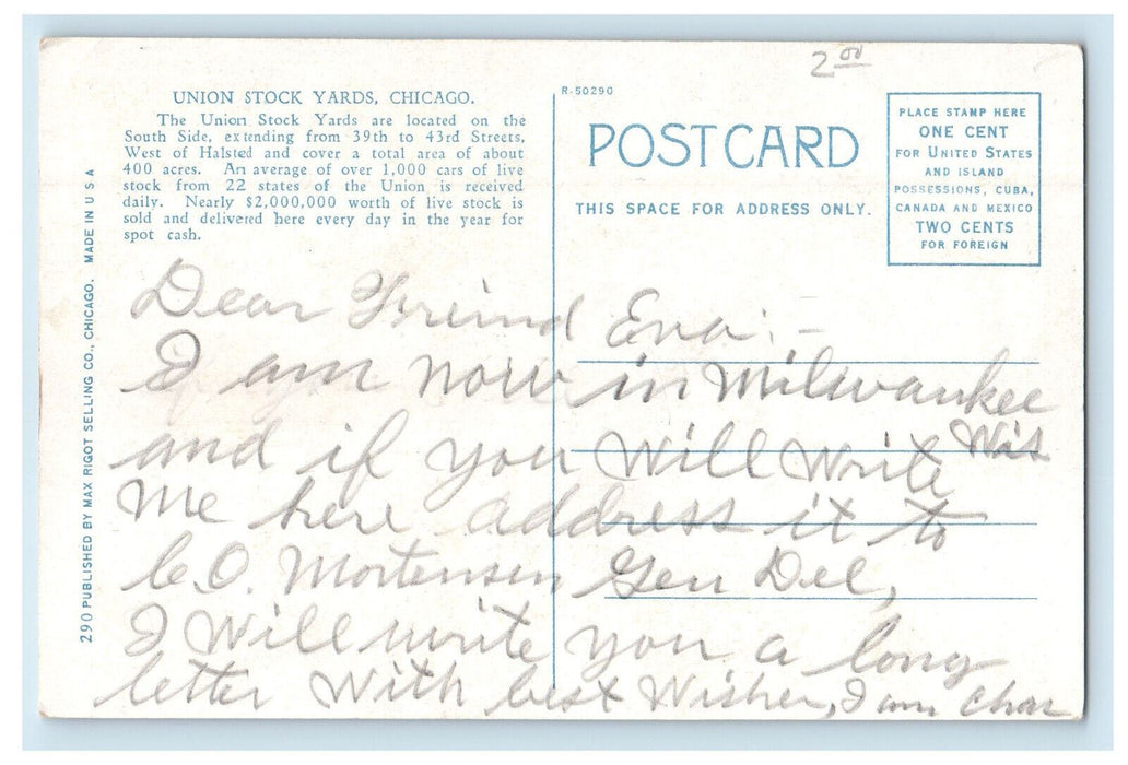 c1920s Cattle Pens, Union Stock Yards, Chicago Illinois IL Posted Postcard