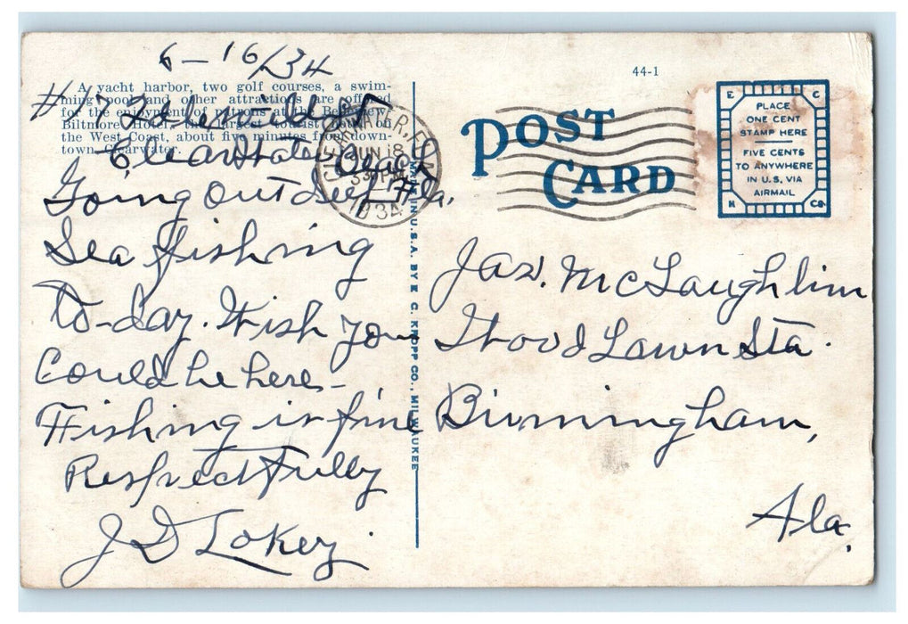 1934 Belleview Biltmore Hotel, Belleair Near Clearwater Florida FL Postcard