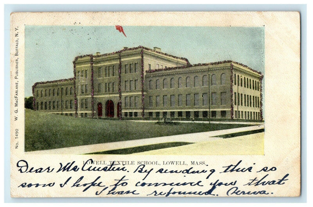 1906 Lowell Massachusetts MA, Textile School Building Antique Glitter Postcard