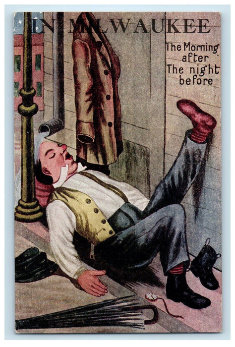 c1910's Drinking Drunk Worker Umbrella Funny Humor Milwaukee WI Postcard