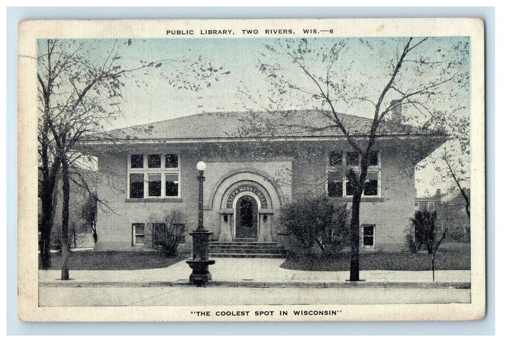 1938 View Of Public Library Two Rivers Wisconsin WI Posted Vintage Postcard