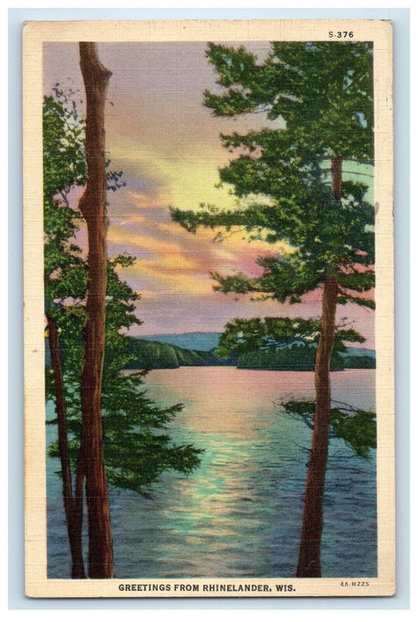 1939 Greetings From Rhinelander Wisconsin WI, Lake View Vintage Postcard